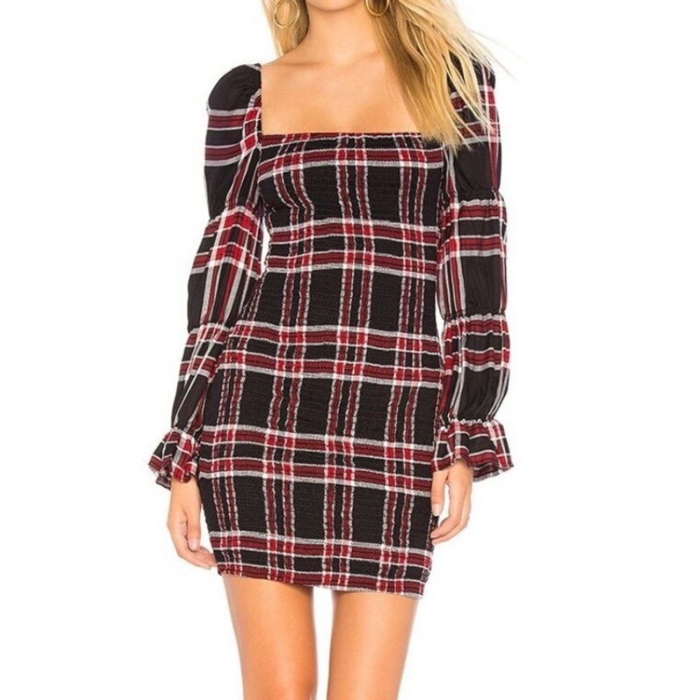 NWT LIKELY REVOLVE Black Plaid Square Neck Elastic Bodice Mini Dress Size 6